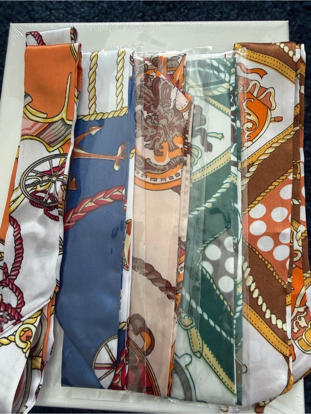 10 Silky Printed Twilly Scarves - Orange, Blue, Beige, Green, Brown